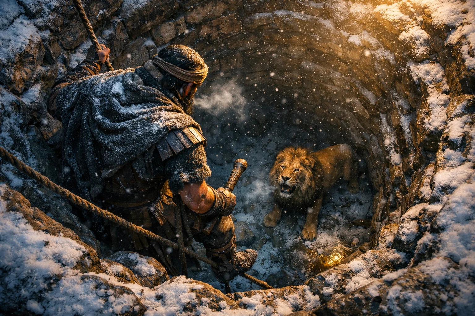 Benaiah and the Lion in the Snow