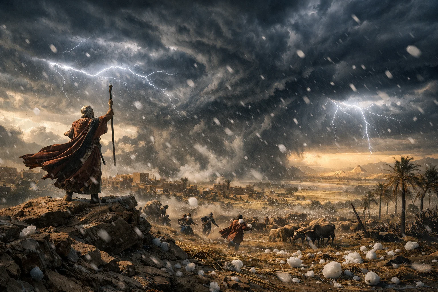 Moses Stretches Out His Staff and the Hail Falls