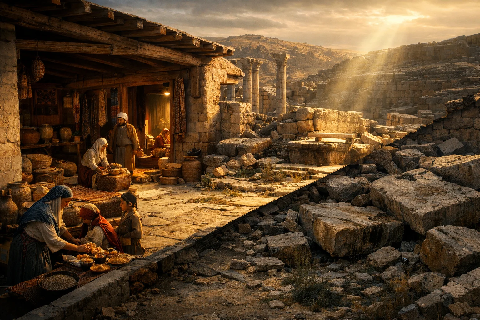 Paneled Houses and a Ruined Temple